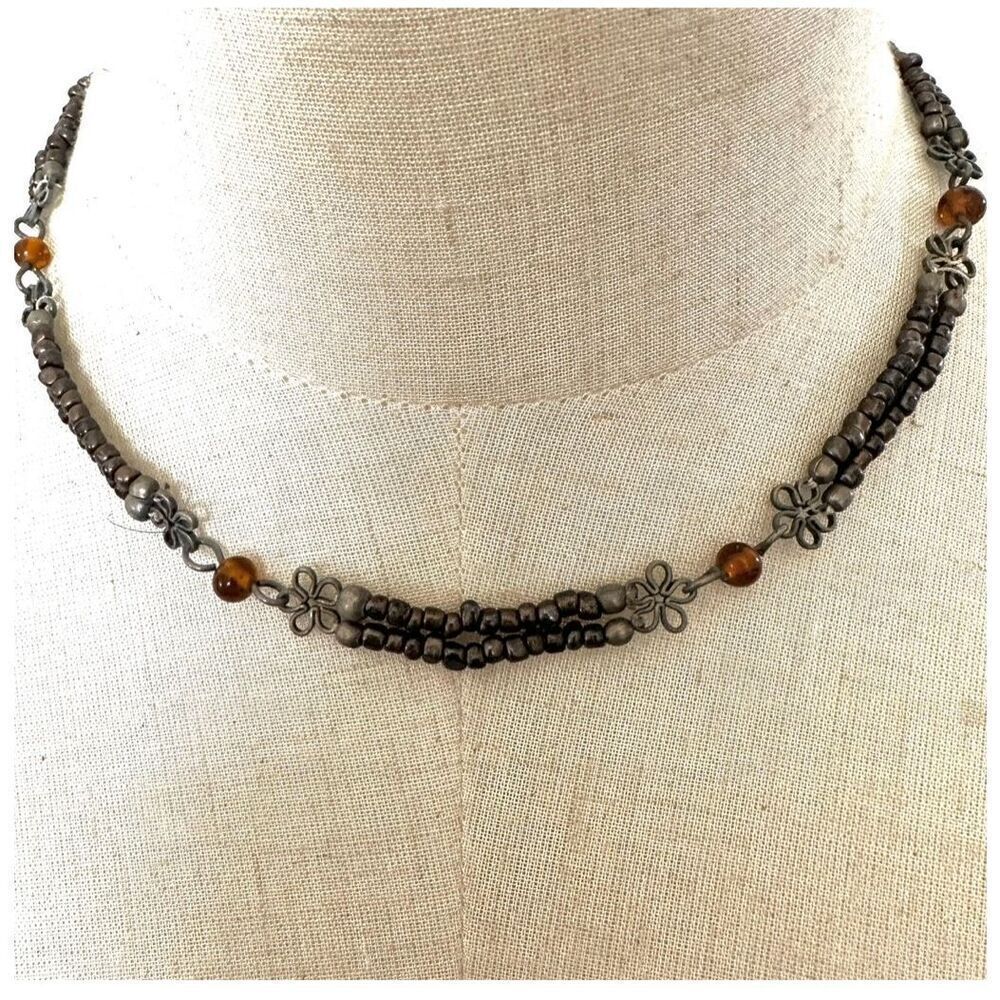 Silver tone flower beaded double strand necklace